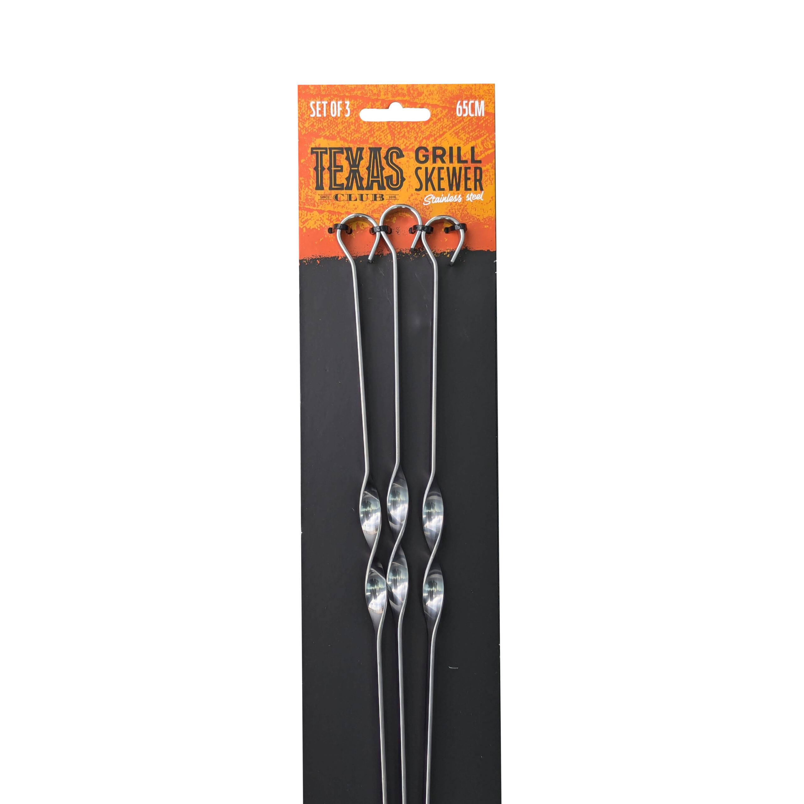 Close-up of 10mm flat blade stainless steel skewer showing non-rotating design