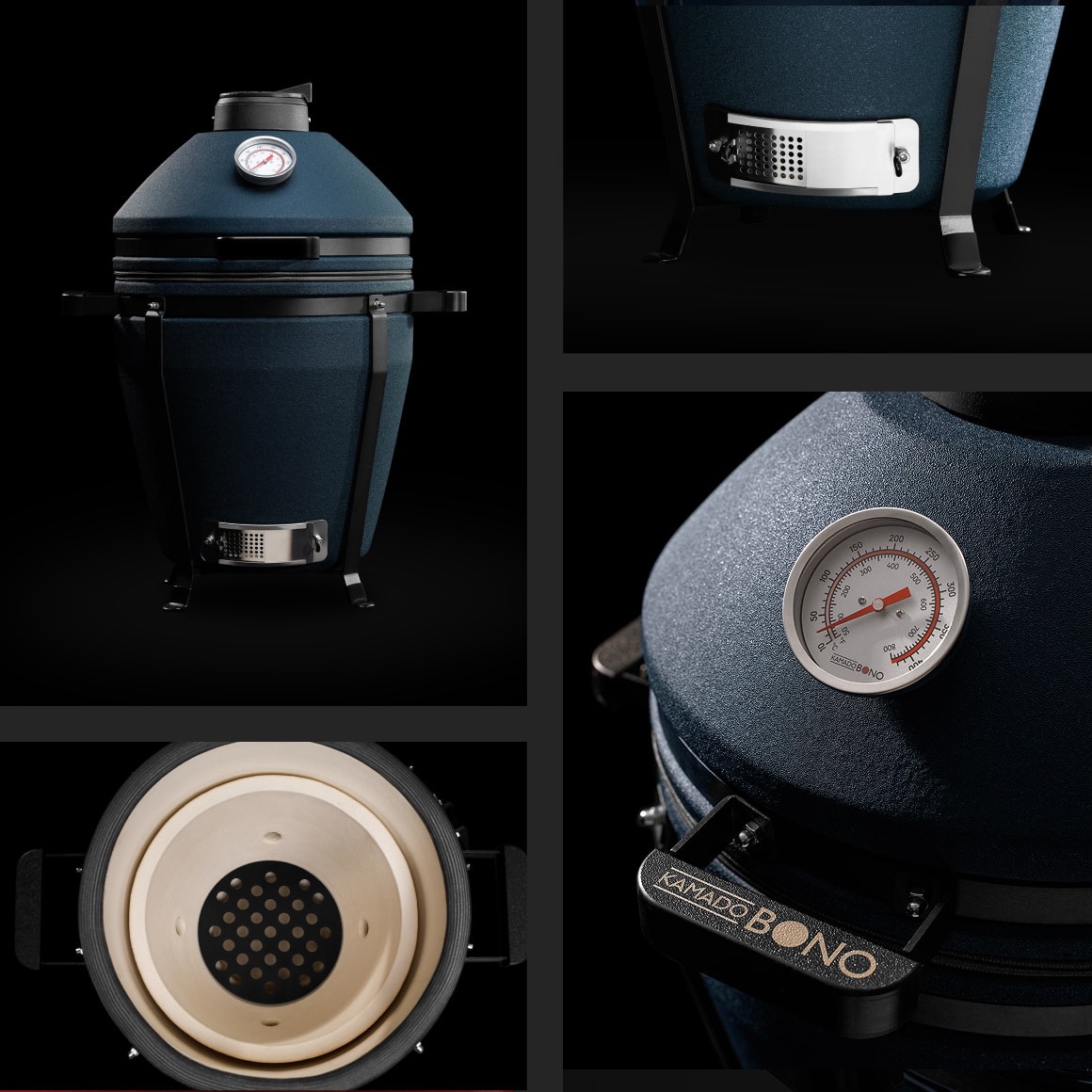 Minimo Navy Matt Collage Kamado Bono EVO Minimo Navy Blue Matte compact kamado BBQ front view