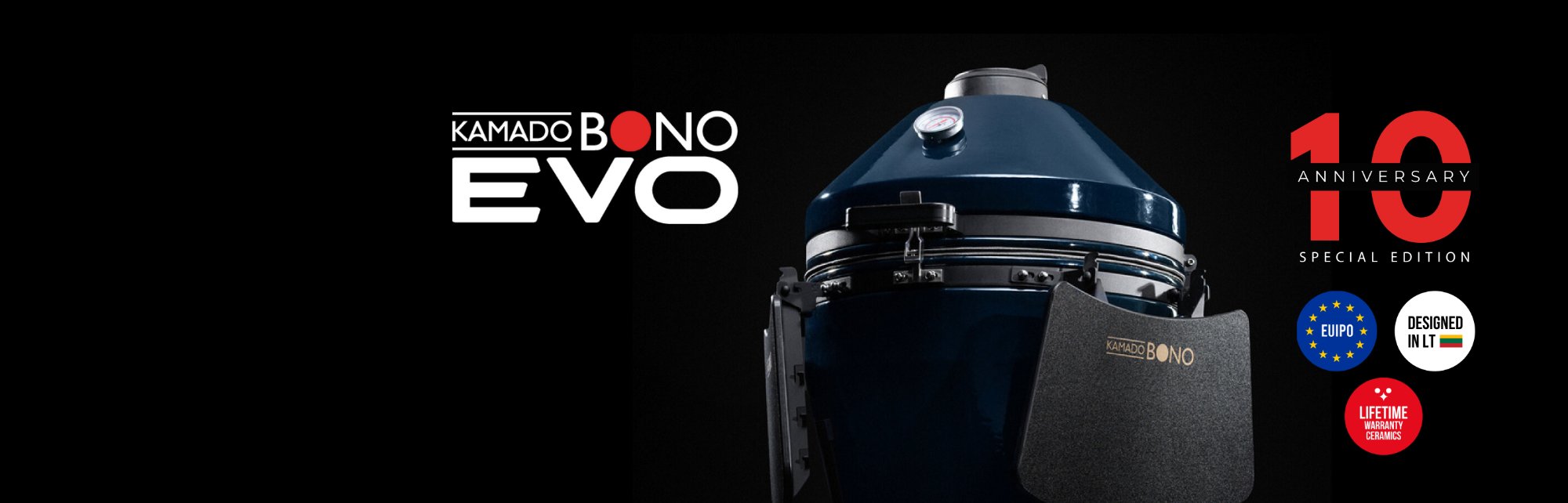 Kamado Bono EVO ceramic grill — 10th Anniversary Special Edition with EUIPO registered design, designed in Lithuania, lifetime warranty on ceramics