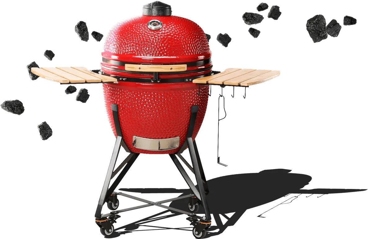 Red ceramic kamado grill with wooden side shelves