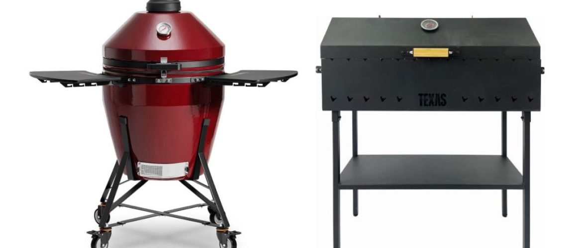 Kamado Bono EVO Grande ceramic kamado next to a Texas Club charcoal BBQ grill