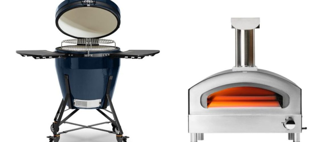 Kamado Bono EVO Grande with the lid open next to a Forneza Forno gas pizza oven