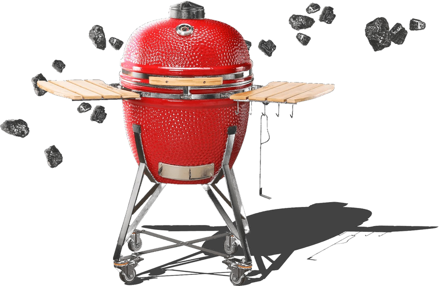 Kamado Bono Grande ceramic barbecue grill with wooden side shelves and charcoal pieces — premium red ceramic kamado cooker on wheeled stand